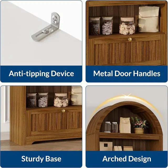Alt view image 5 of 7 - 72" Arched Bookshelf with Storage Drawer, Modern 6-Tier Wood Display Cabinet with Open Shelves and Bottom Drawer, Curved Cabinet Door for Living Room, Dining Room, Kitchen (Walnut/Gold)