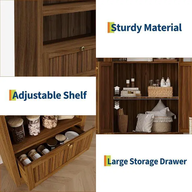 Alt view image 6 of 7 - 72" Arched Bookshelf with Storage Drawer, Modern 6-Tier Wood Display Cabinet with Open Shelves and Bottom Drawer, Curved Cabinet Door for Living Room, Dining Room, Kitchen (Walnut/Gold)
