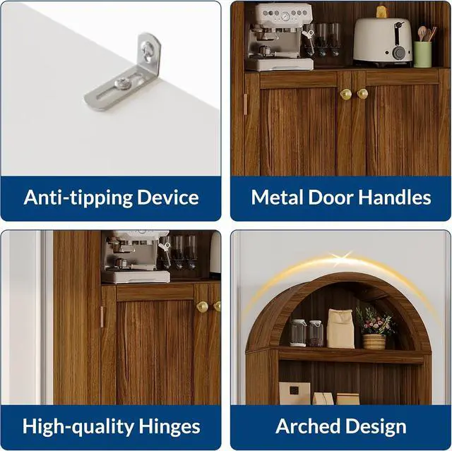 Alt view image 7 of 7 - 72" Tall Wood Arched Storage Cabinet 5-Shelf Kitchen Pantry Cabinet with Doors & Open Shelves, Versatile Standing Bookcase & Cupboard for Living Room, Dining Room, KitchenWalnut/Gold