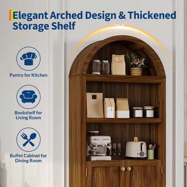 Alt view image 4 of 7 - 72" Tall Wood Arched Storage Cabinet 5-Shelf Kitchen Pantry Cabinet with Doors & Open Shelves, Versatile Standing Bookcase & Cupboard for Living Room, Dining Room, KitchenWalnut/Gold