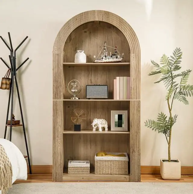 Alt view image 3 of 7 - Arched Bookshelf, Mid Century Modern 4-Tier Arched Storage Bookcase with Open Display Storage Shelf for Dining Room, Living Room, Natural