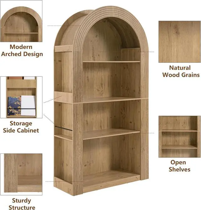 Alt view image 6 of 7 - Arched Bookshelf, Mid Century Modern 4-Tier Arched Storage Bookcase with Open Display Storage Shelf for Dining Room, Living Room, Natural