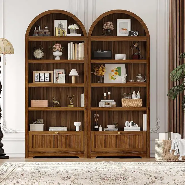 Alt view image 7 of 7 - 72" Arched Bookshelf with Storage Drawer, Modern 6-Tier Wood Display Cabinet with Open Shelves and Bottom Drawer, Curved Cabinet Door for Living Room, Dining Room, Kitchen (Walnut/Gold)