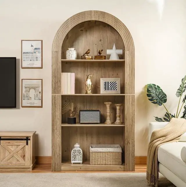Alt view image 5 of 7 - Arched Bookshelf, Mid Century Modern 4-Tier Arched Storage Bookcase with Open Display Storage Shelf for Dining Room, Living Room, Natural