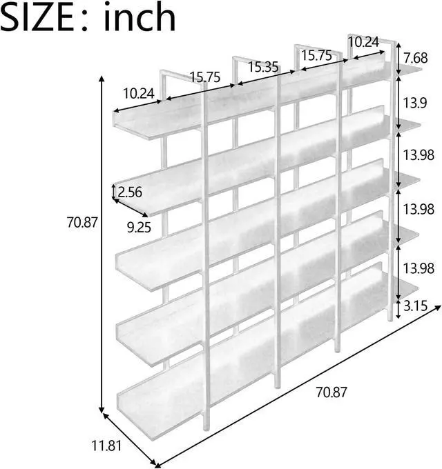 Alt view image 2 of 7 - 5 Tier Open Bookshelf, Tall 5 Tier Bookshelf, Organizer for Bedroom, Mid Century Modern, Farmhouse Open Bookshelf, Vintage Industrial Style Shelf with Metal Frame, White