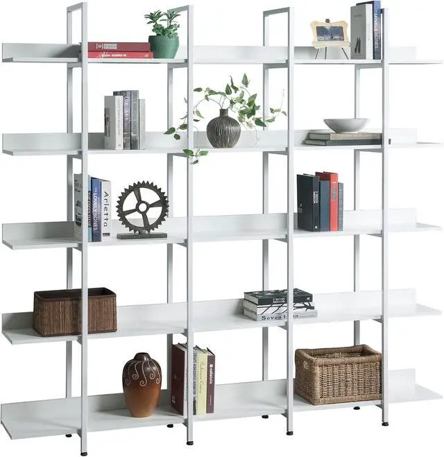 Alt view image 3 of 7 - 5 Tier Open Bookshelf, Tall 5 Tier Bookshelf, Organizer for Bedroom, Mid Century Modern, Farmhouse Open Bookshelf, Vintage Industrial Style Shelf with Metal Frame, White