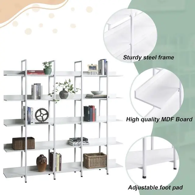 Alt view image 4 of 7 - 5 Tier Open Bookshelf, Tall 5 Tier Bookshelf, Organizer for Bedroom, Mid Century Modern, Farmhouse Open Bookshelf, Vintage Industrial Style Shelf with Metal Frame, White