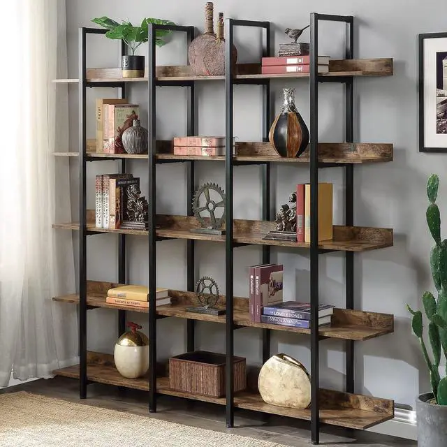 Main image of Tall 5 Tier Wood Bookshelf Organizer for Bedroom, Mid Century Modern Farmhouse Open Industrial Bookshelf with Storage for Living Room Home Office, Large 5 Shelf Bookcase, Rustic Brown