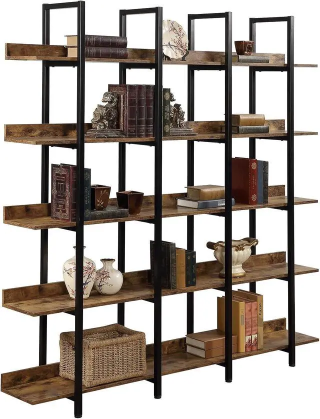 Alt view image 6 of 7 - Tall 5 Tier Wood Bookshelf Organizer for Bedroom, Mid Century Modern Farmhouse Open Industrial Bookshelf with Storage for Living Room Home Office, Large 5 Shelf Bookcase, Rustic Brown