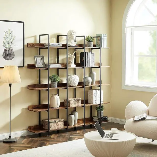 Alt view image 4 of 7 - Tall 5 Tier Wood Bookshelf Organizer for Bedroom, Mid Century Modern Farmhouse Open Industrial Bookshelf with Storage for Living Room Home Office, Large 5 Shelf Bookcase, Rustic Brown
