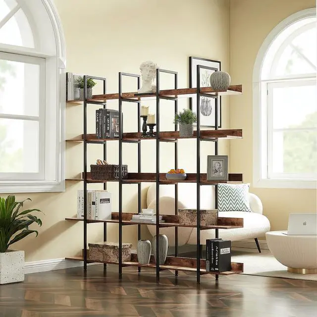 Alt view image 3 of 7 - Tall 5 Tier Wood Bookshelf Organizer for Bedroom, Mid Century Modern Farmhouse Open Industrial Bookshelf with Storage for Living Room Home Office, Large 5 Shelf Bookcase, Rustic Brown