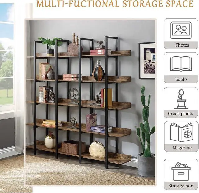 Alt view image 5 of 7 - Tall 5 Tier Wood Bookshelf Organizer for Bedroom, Mid Century Modern Farmhouse Open Industrial Bookshelf with Storage for Living Room Home Office, Large 5 Shelf Bookcase, Rustic Brown