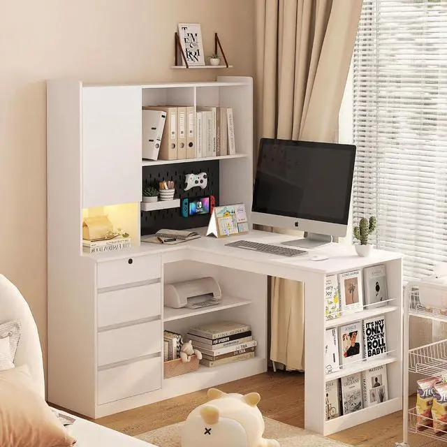 Main image of L Shaped Desk with Power Outlets & LED Lights, Computer Desk with Drawers & Bookshelf, Modern Corner Desk for Home Office, Study Gaming Table Writing Workstation (White)