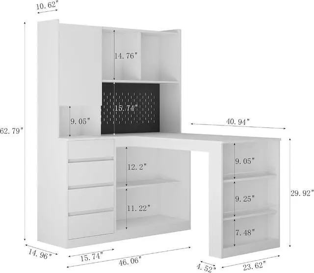 Alt view image 2 of 6 - L Shaped Desk with Power Outlets & LED Lights, Computer Desk with Drawers & Bookshelf, Modern Corner Desk for Home Office, Study Gaming Table Writing Workstation (White)