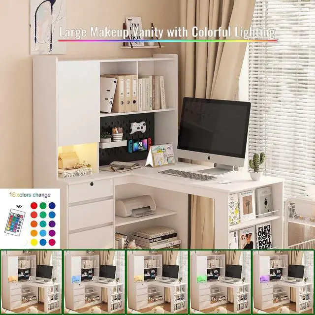 Alt view image 3 of 6 - L Shaped Desk with Power Outlets & LED Lights, Computer Desk with Drawers & Bookshelf, Modern Corner Desk for Home Office, Study Gaming Table Writing Workstation (White)