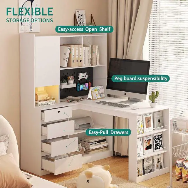 Alt view image 4 of 6 - L Shaped Desk with Power Outlets & LED Lights, Computer Desk with Drawers & Bookshelf, Modern Corner Desk for Home Office, Study Gaming Table Writing Workstation (White)