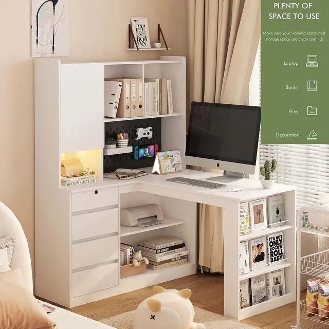 Alt view image 6 of 6 - L Shaped Desk with Power Outlets & LED Lights, Computer Desk with Drawers & Bookshelf, Modern Corner Desk for Home Office, Study Gaming Table Writing Workstation (White)