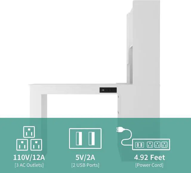 Alt view image 5 of 6 - L Shaped Desk with Power Outlets & LED Lights, Computer Desk with Drawers & Bookshelf, Modern Corner Desk for Home Office, Study Gaming Table Writing Workstation (White)