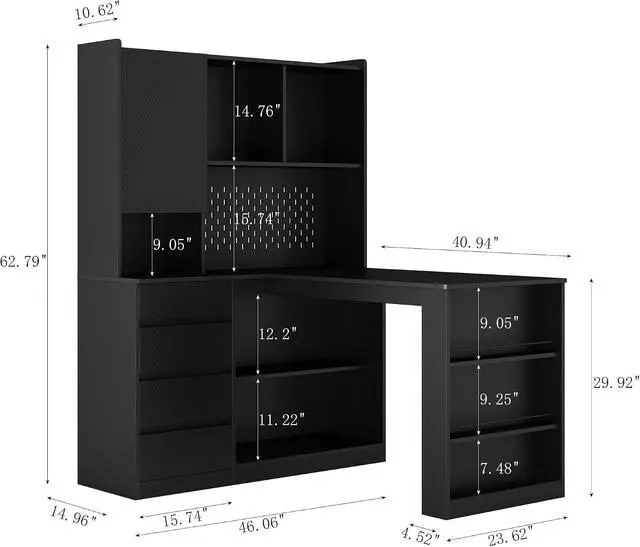 Alt view image 2 of 6 - L Shaped Desk with Power Outlets & LED Lights, Computer Desk with Drawers & Bookshelf, Modern Corner Desk for Home Office, Study Gaming Table Writing Workstation (Black)