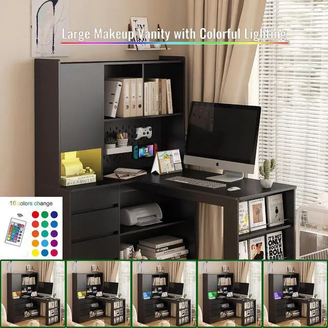 Alt view image 3 of 6 - L Shaped Desk with Power Outlets & LED Lights, Computer Desk with Drawers & Bookshelf, Modern Corner Desk for Home Office, Study Gaming Table Writing Workstation (Black)