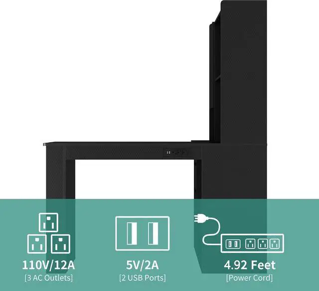 Alt view image 5 of 6 - L Shaped Desk with Power Outlets & LED Lights, Computer Desk with Drawers & Bookshelf, Modern Corner Desk for Home Office, Study Gaming Table Writing Workstation (Black)