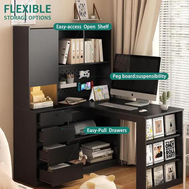 Alt view image 4 of 6 - L Shaped Desk with Power Outlets & LED Lights, Computer Desk with Drawers & Bookshelf, Modern Corner Desk for Home Office, Study Gaming Table Writing Workstation (Black)