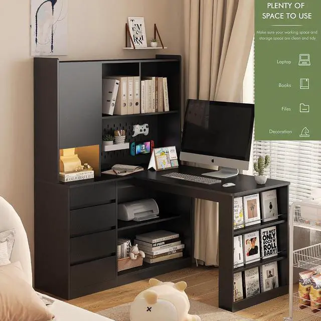 Alt view image 6 of 6 - L Shaped Desk with Power Outlets & LED Lights, Computer Desk with Drawers & Bookshelf, Modern Corner Desk for Home Office, Study Gaming Table Writing Workstation (Black)