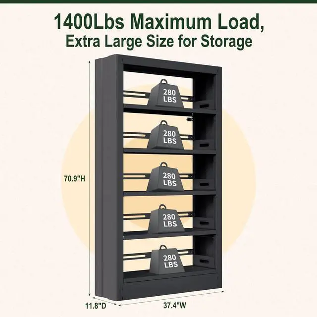 Alt view image 2 of 7 - 37''W Metal Bookshelf,5-Tier Heavy Duty Bookshelf,Metal Bookcase with Adjustable Shelves,Tall and Sturdy Bookshelf with Bookends and Book Stoppers,Modern Bookshelf for LivingRoom,Library,Office
