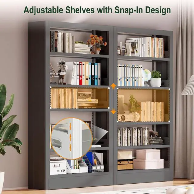 Alt view image 4 of 7 - 37''W Metal Bookshelf,5-Tier Heavy Duty Bookshelf,Metal Bookcase with Adjustable Shelves,Tall and Sturdy Bookshelf with Bookends and Book Stoppers,Modern Bookshelf for LivingRoom,Library,Office
