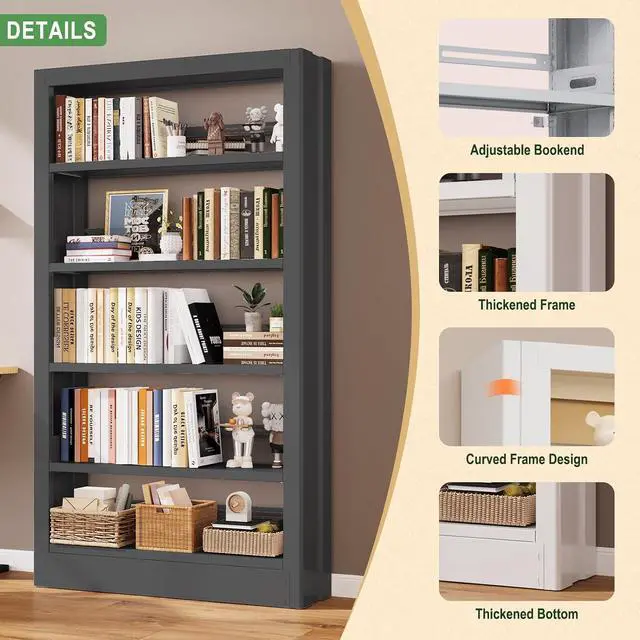 Alt view image 3 of 7 - 37''W Metal Bookshelf,5-Tier Heavy Duty Bookshelf,Metal Bookcase with Adjustable Shelves,Tall and Sturdy Bookshelf with Bookends and Book Stoppers,Modern Bookshelf for LivingRoom,Library,Office