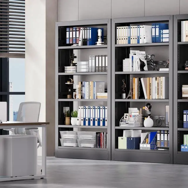 Alt view image 5 of 7 - 37''W Metal Bookshelf,5-Tier Heavy Duty Bookshelf,Metal Bookcase with Adjustable Shelves,Tall and Sturdy Bookshelf with Bookends and Book Stoppers,Modern Bookshelf for LivingRoom,Library,Office
