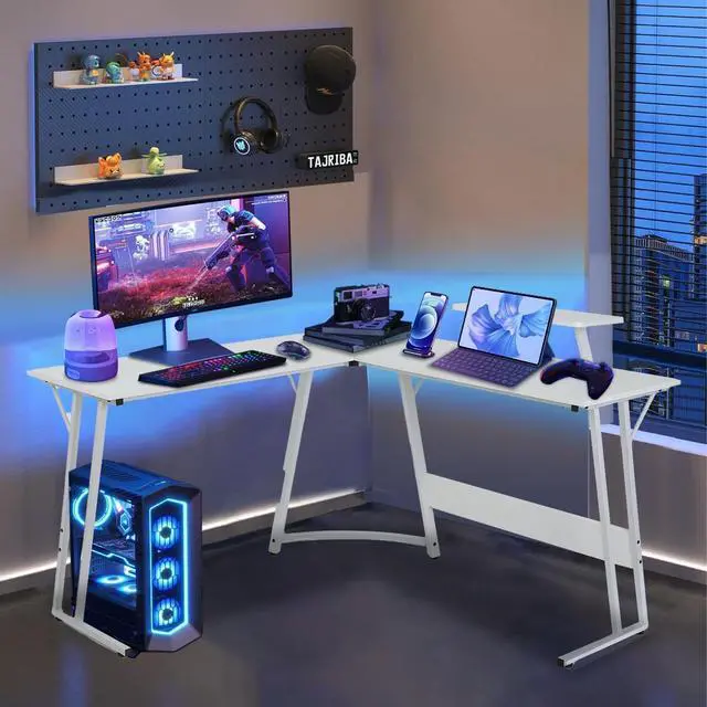 Alt view image 2 of 7 - 51 inch L Shaped Gaming Desk, Computer Desk for Bedroom, White L shaped Desk for Gaming,Home Office Desks with Detachable Monitor Stand, Corner Desk for Small Place,Large,Carbon Fiber,White desk