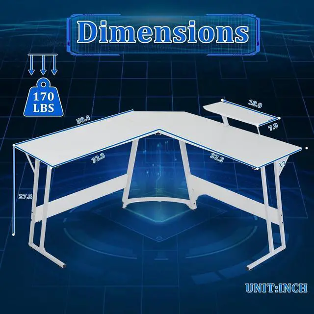 Alt view image 3 of 7 - 51 inch L Shaped Gaming Desk, Computer Desk for Bedroom, White L shaped Desk for Gaming,Home Office Desks with Detachable Monitor Stand, Corner Desk for Small Place,Large,Carbon Fiber,White desk