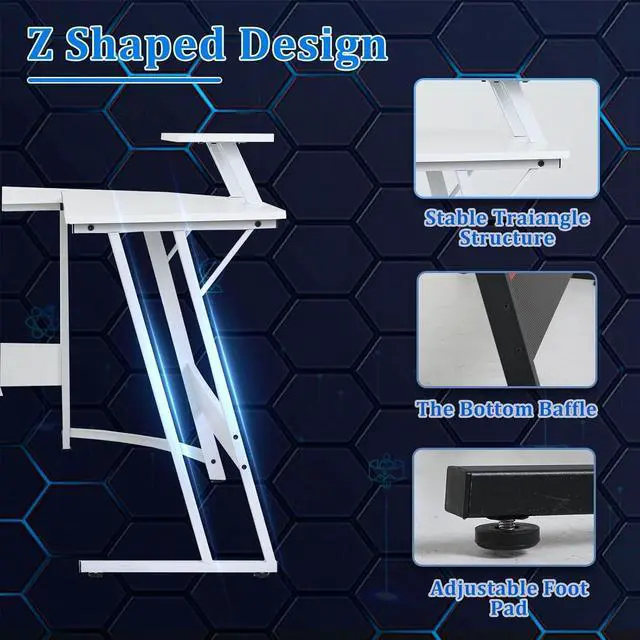 Alt view image 6 of 7 - 51 inch L Shaped Gaming Desk, Computer Desk for Bedroom, White L shaped Desk for Gaming,Home Office Desks with Detachable Monitor Stand, Corner Desk for Small Place,Large,Carbon Fiber,White desk