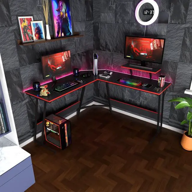Alt view image 2 of 7 - 51 inch L Shaped Gaming Desk, Computer Desk for Bedroom, Black L shaped Desk for Gaming,Home Office Desks with Detachable Monitor Stand, Corner Desk for Small Place,Large,Carbon Fiber,Black desk