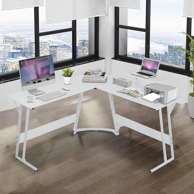 Alt view image 7 of 7 - 51 inch L Shaped Gaming Desk, Computer Desk for Bedroom, White L shaped Desk for Gaming,Home Office Desks with Detachable Monitor Stand, Corner Desk for Small Place,Large,Carbon Fiber,White desk