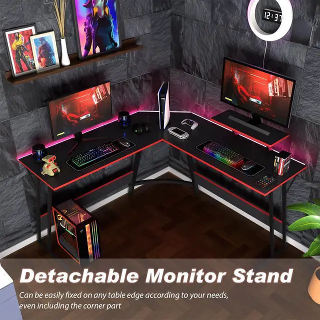 Alt view image 6 of 7 - 51 inch L Shaped Gaming Desk, Computer Desk for Bedroom, Black L shaped Desk for Gaming,Home Office Desks with Detachable Monitor Stand, Corner Desk for Small Place,Large,Carbon Fiber,Black desk