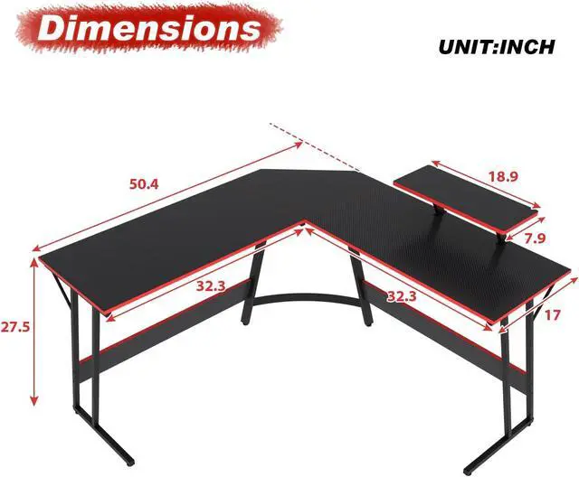 Alt view image 3 of 7 - 51 inch L Shaped Gaming Desk, Computer Desk for Bedroom, Black L shaped Desk for Gaming,Home Office Desks with Detachable Monitor Stand, Corner Desk for Small Place,Large,Carbon Fiber,Black desk