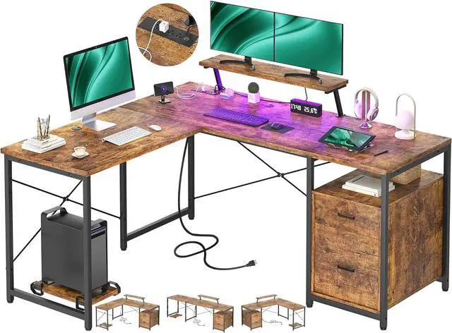 Main image of L-Shaped Desk with Power Outlet and LED Strip, 63 L Shaped Computer Corner Desk with Reversible File Drawer and Monitor Stand, Gaming Table Writing Desk for Home Office Workstation, Rustic