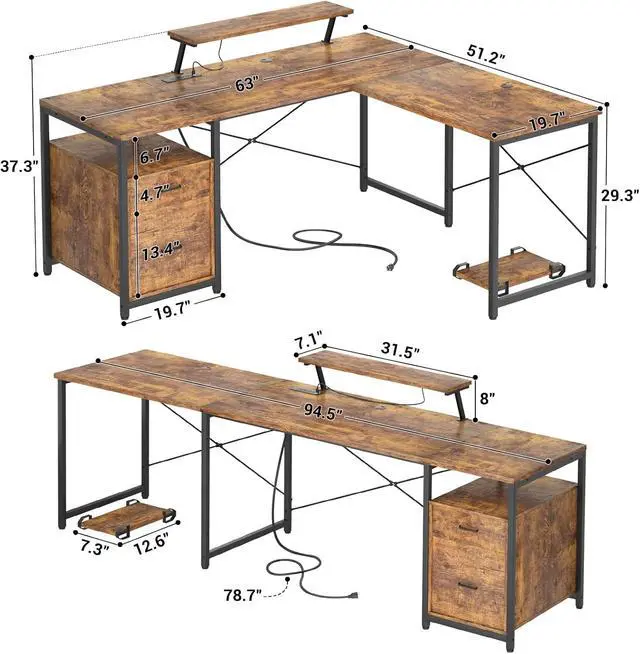 Alt view image 3 of 5 - L-Shaped Desk with Power Outlet and LED Strip, 63 L Shaped Computer Corner Desk with Reversible File Drawer and Monitor Stand, Gaming Table Writing Desk for Home Office Workstation, Rustic