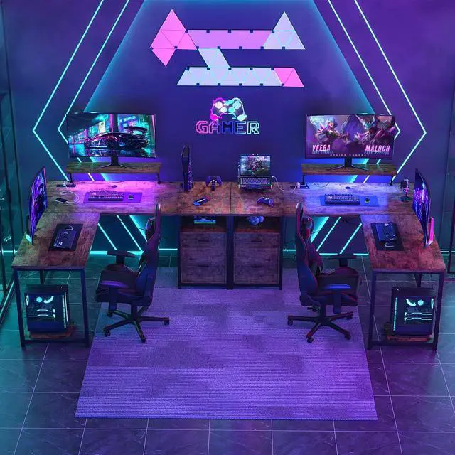 Alt view image 2 of 5 - L-Shaped Desk with Power Outlet and LED Strip, 63 L Shaped Computer Corner Desk with Reversible File Drawer and Monitor Stand, Gaming Table Writing Desk for Home Office Workstation, Rustic