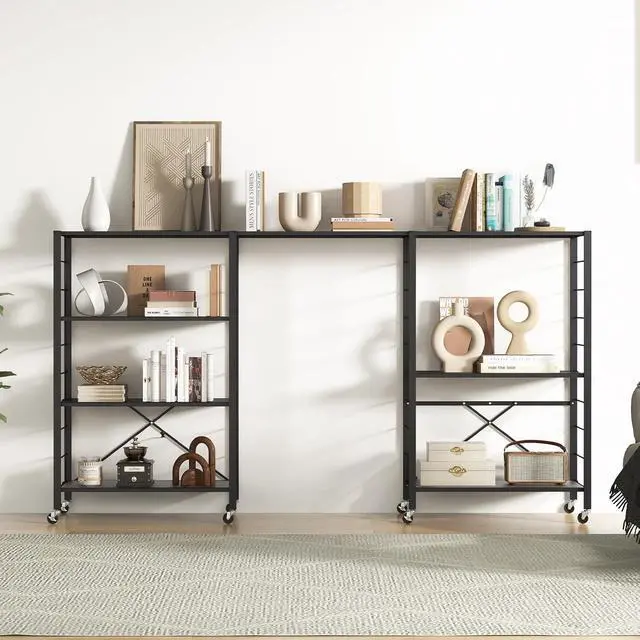 Alt view image 7 of 7 - 4-Tier Folding Storage Shelf of 2, Collapsible Shelving Unit with Lockable Wheels & Adjustable Shelf, Heavy-Duty Organizer on Wheels, Storage Rack for Tool Room, Garage, Kitchen
