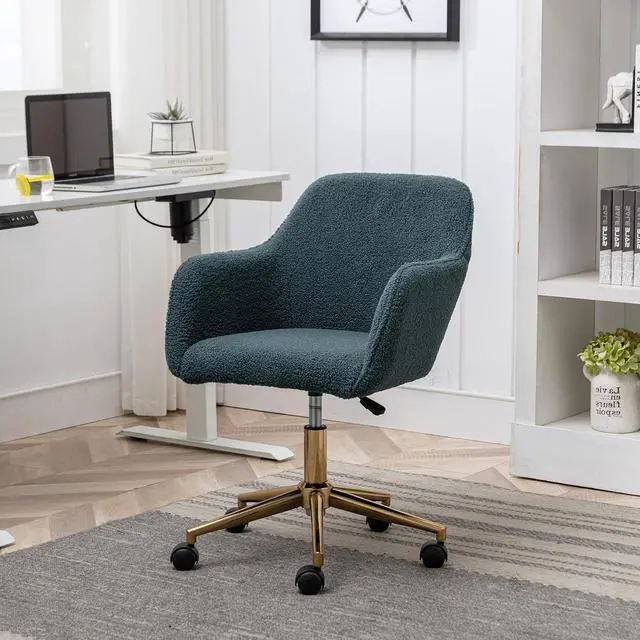 Main image of Modern Wool Vanity Chair with Back, 360 Swivel Comfy Office Chair with Height-Adjustable, Gold Metal Legs&Wheels, Cute Desk Chair for Women,Girls (Green)