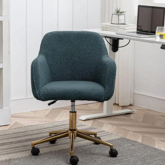 Alt view image 3 of 7 - Modern Wool Vanity Chair with Back, 360 Swivel Comfy Office Chair with Height-Adjustable, Gold Metal Legs&Wheels, Cute Desk Chair for Women,Girls (Green)