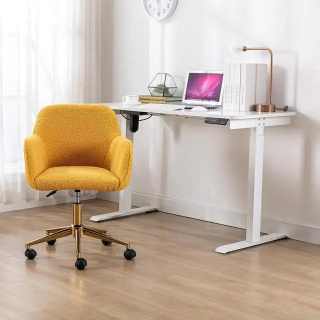 Alt view image 2 of 14 - Modern Teddy Vanity Chair with Back, 360 Swivel Comfy Office Chair with Height-Adjustable, Gold Metal Legs&Wheels, Cute Desk Chair for Women,Girls (Yellow-1)