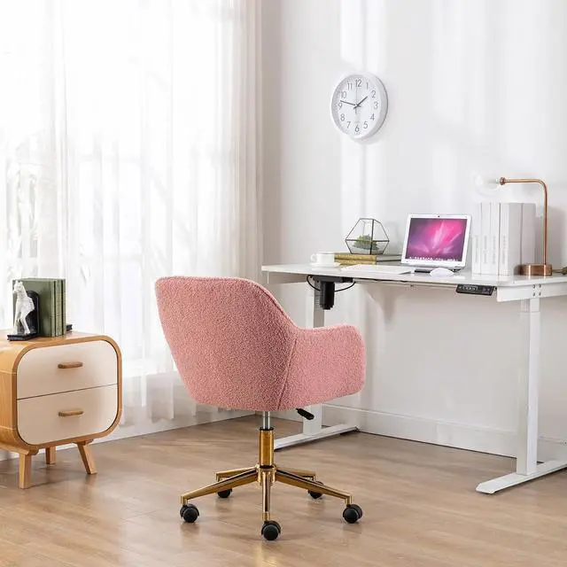 Alt view image 2 of 8 - Modern Teddy Vanity Chair with Back, 360 Swivel Comfy Office Chair with Height-Adjustable, Gold Metal Legs&Wheels, Cute Desk Chair for Women,Girls (Pink-1)