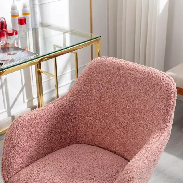 Alt view image 4 of 8 - Modern Teddy Vanity Chair with Back, 360 Swivel Comfy Office Chair with Height-Adjustable, Gold Metal Legs&Wheels, Cute Desk Chair for Women,Girls (Pink-1)