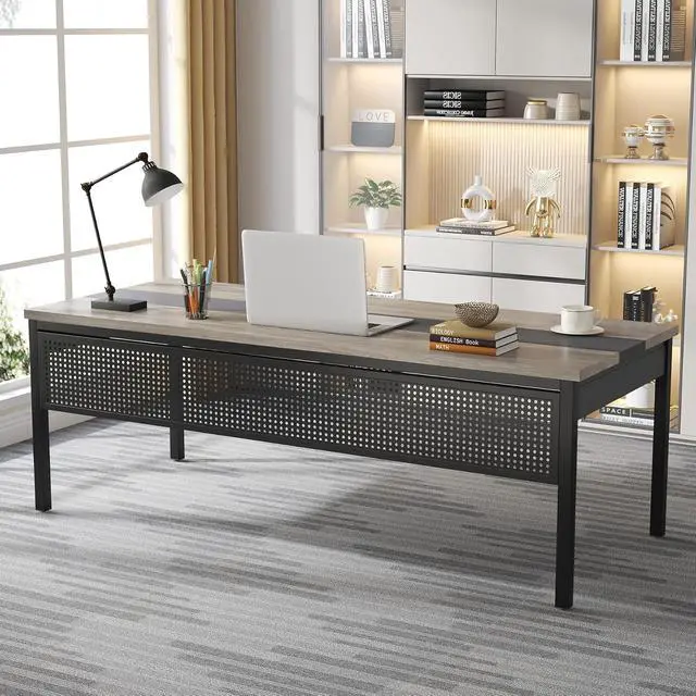 Alt view image 3 of 7 - 70.8-Inch Executive Desk, Large Office Computer Desk Workstation, Modern Simple Style Laptop Desk Study Writing Table Business Furniture for Home Office (Grey and Black)