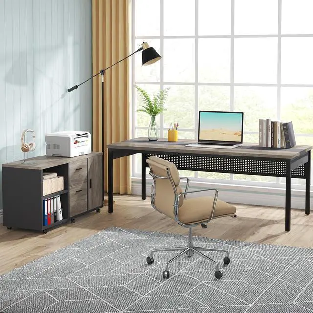 Alt view image 5 of 7 - 70.8-Inch Executive Desk, Large Office Computer Desk Workstation, Modern Simple Style Laptop Desk Study Writing Table Business Furniture for Home Office (Grey and Black)