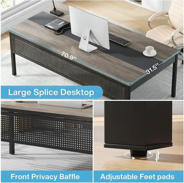 Alt view image 6 of 7 - 70.8-Inch Executive Desk, Large Office Computer Desk Workstation, Modern Simple Style Laptop Desk Study Writing Table Business Furniture for Home Office (Grey and Black)